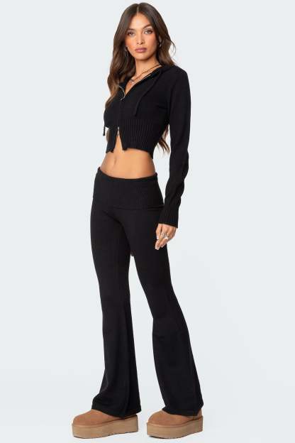 Desiree Knitted Low Rise Fold Over Pants - BLACK