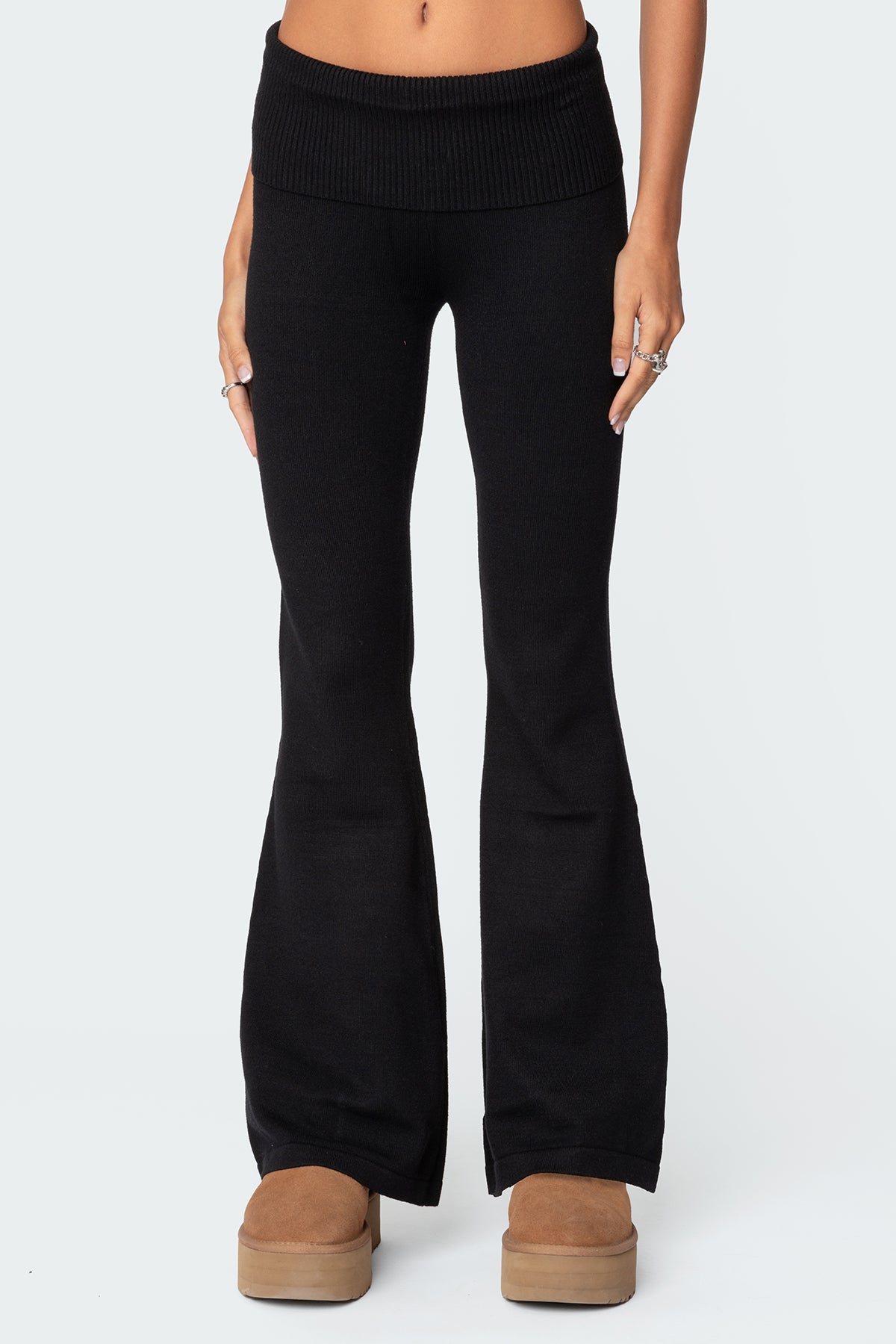Desiree Knitted Low Rise Fold Over Pants - BLACK
