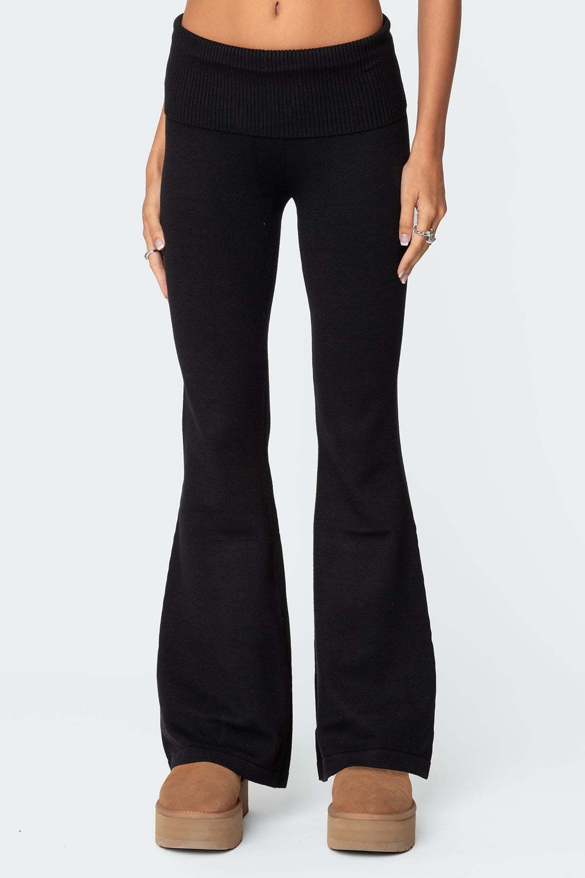 Desiree Knitted Low Rise Fold Over Pants - BLACK