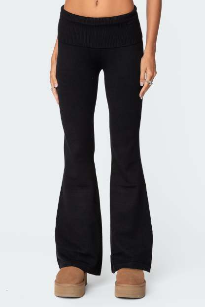 Desiree Knitted Low Rise Fold Over Pants - BLACK