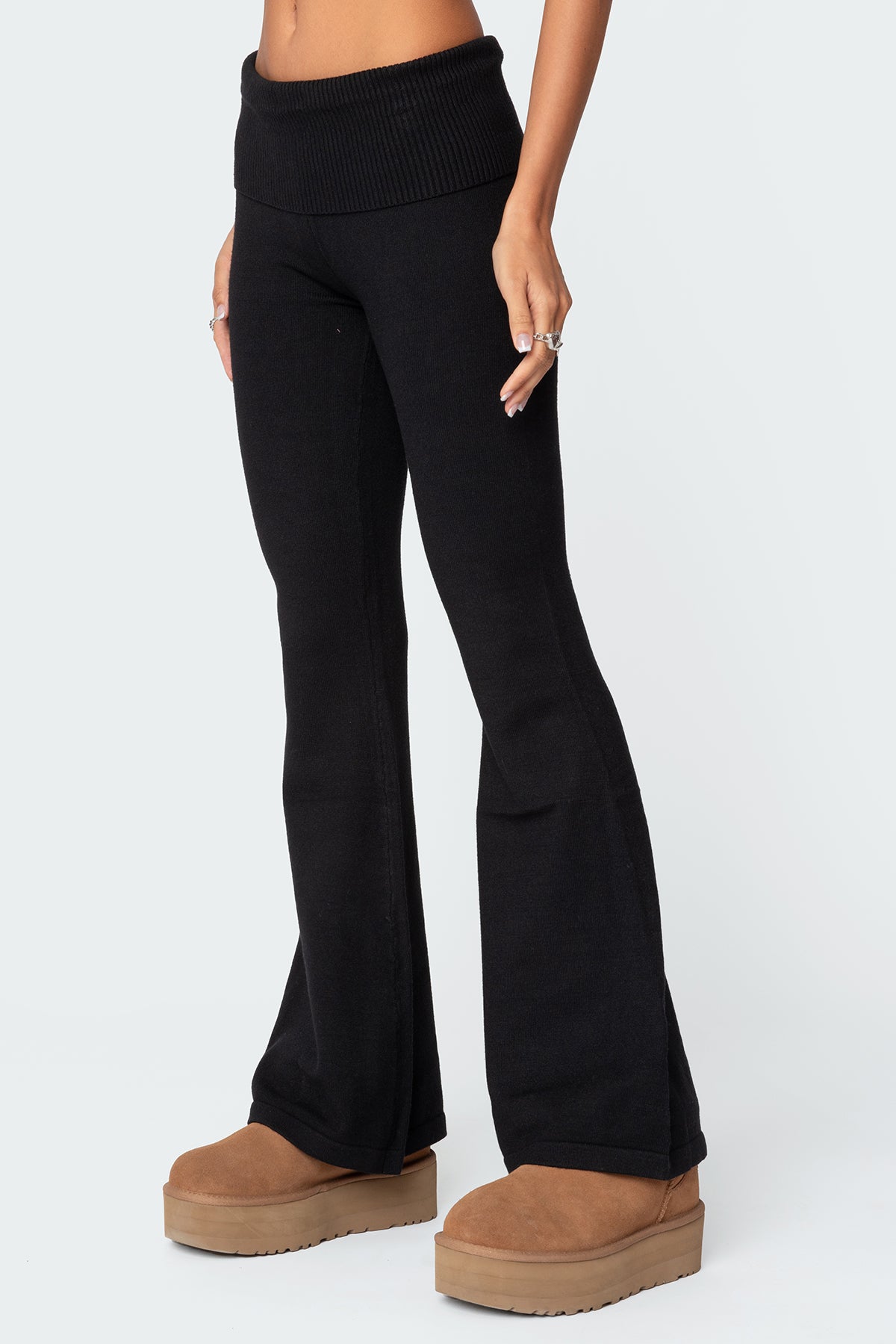 Desiree Knitted Low Rise Fold Over Pants - BLACK