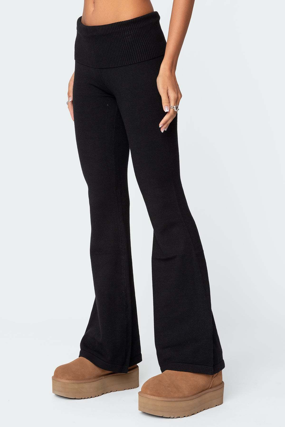Desiree Knitted Low Rise Fold Over Pants - BLACK
