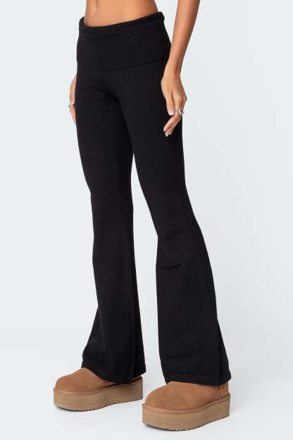 Desiree Knitted Low Rise Fold Over Pants - BLACK