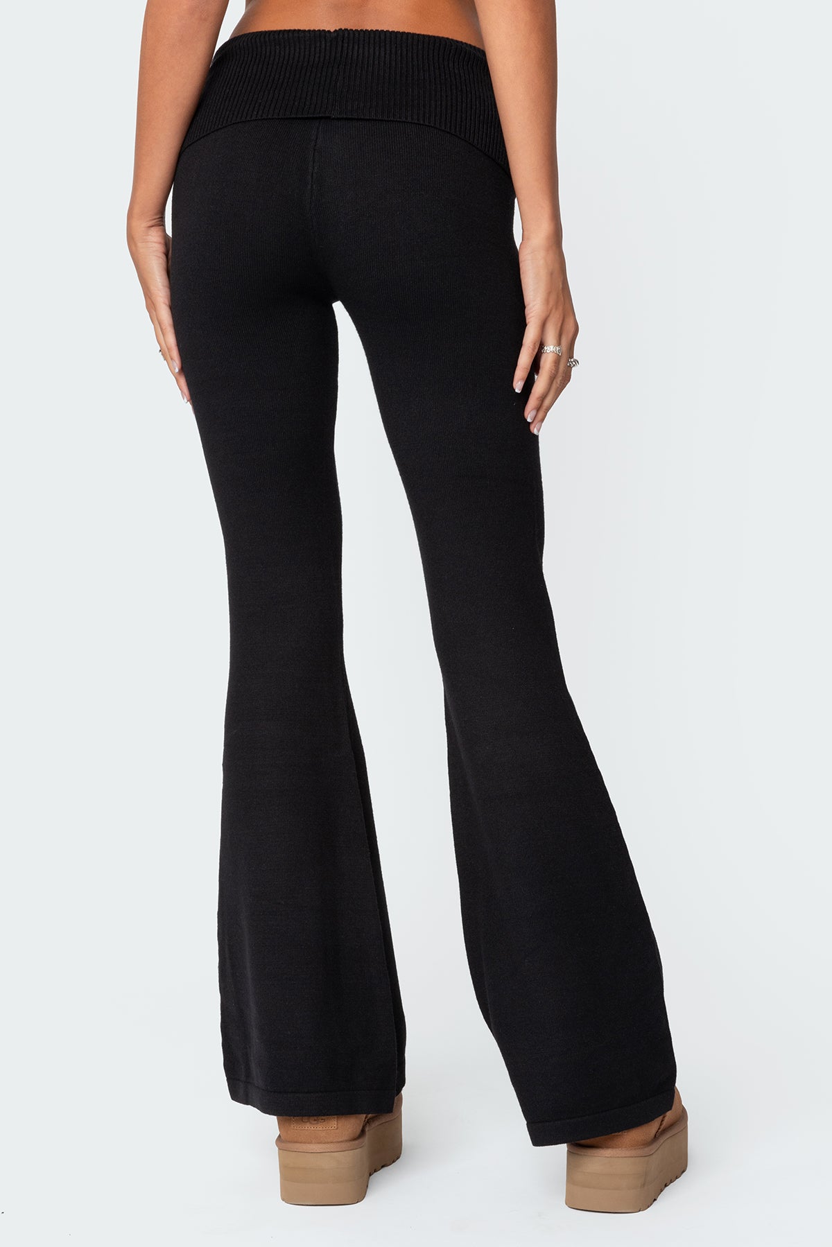 Desiree Knitted Low Rise Fold Over Pants - BLACK