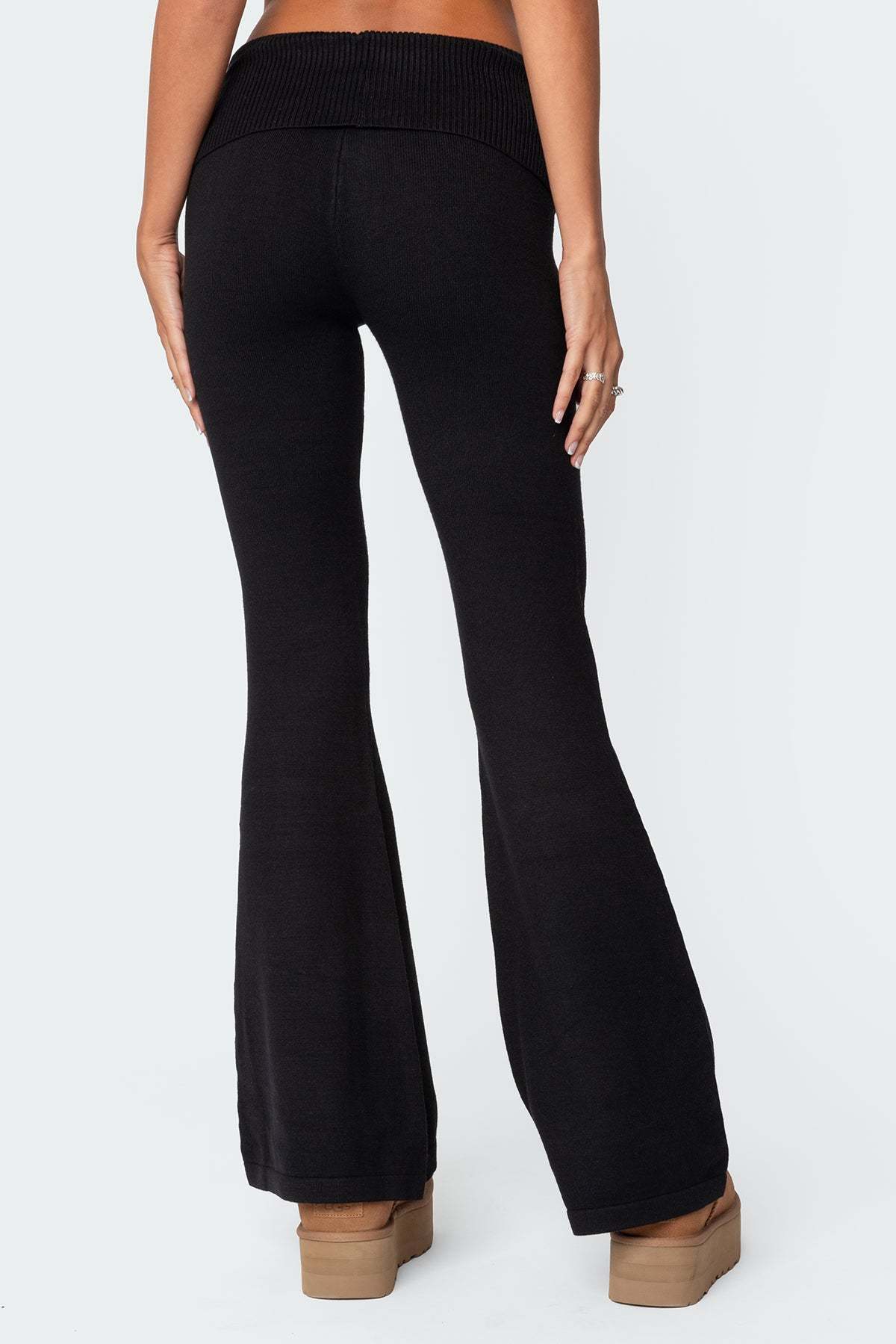 Desiree Knitted Low Rise Fold Over Pants - BLACK