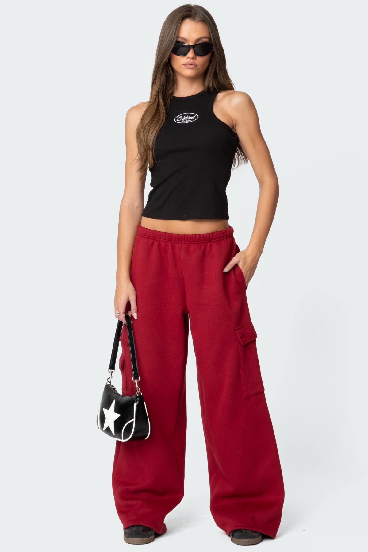 Wide Leg Cargo Sweatpants - BURGUNDY