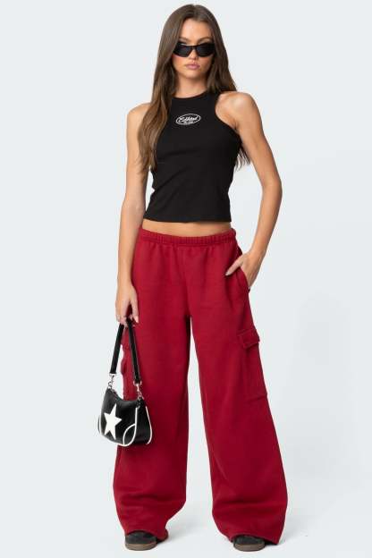 Wide Leg Cargo Sweatpants - BURGUNDY
