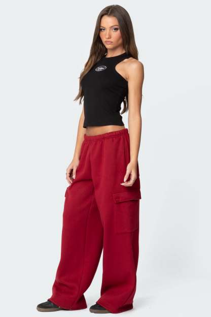 Wide Leg Cargo Sweatpants - BURGUNDY
