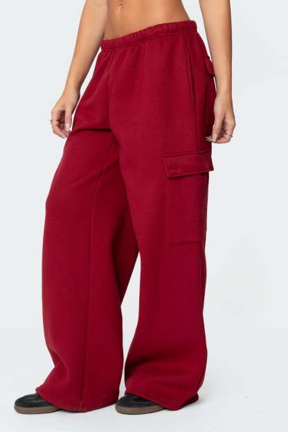 Wide Leg Cargo Sweatpants - BURGUNDY