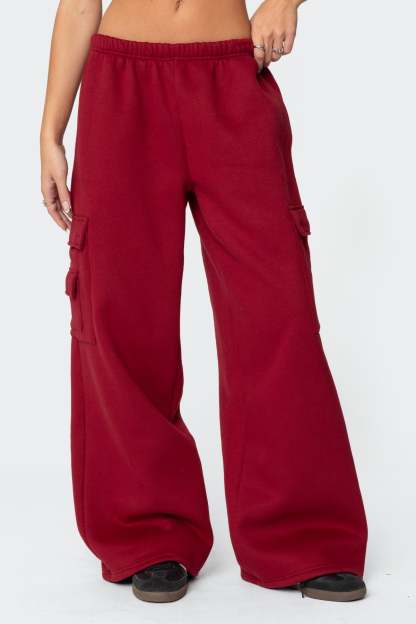 Wide Leg Cargo Sweatpants - BURGUNDY