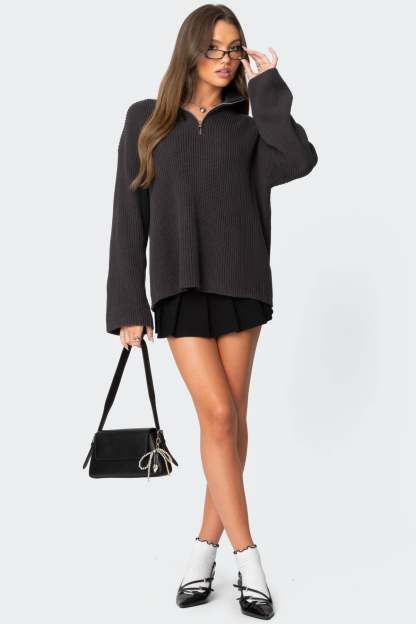 Amour High Neck Oversized Zip Sweater - DARK GRAY