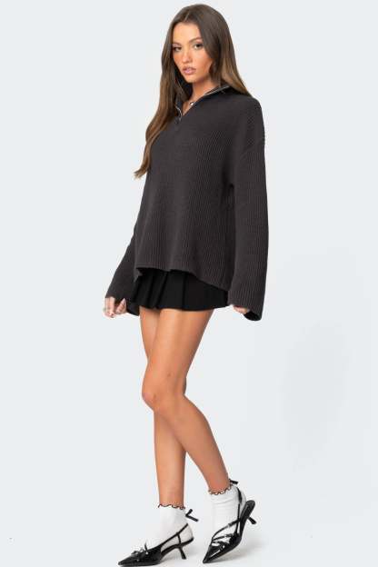 Amour High Neck Oversized Zip Sweater - DARK GRAY