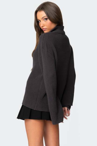 Amour High Neck Oversized Zip Sweater - DARK GRAY