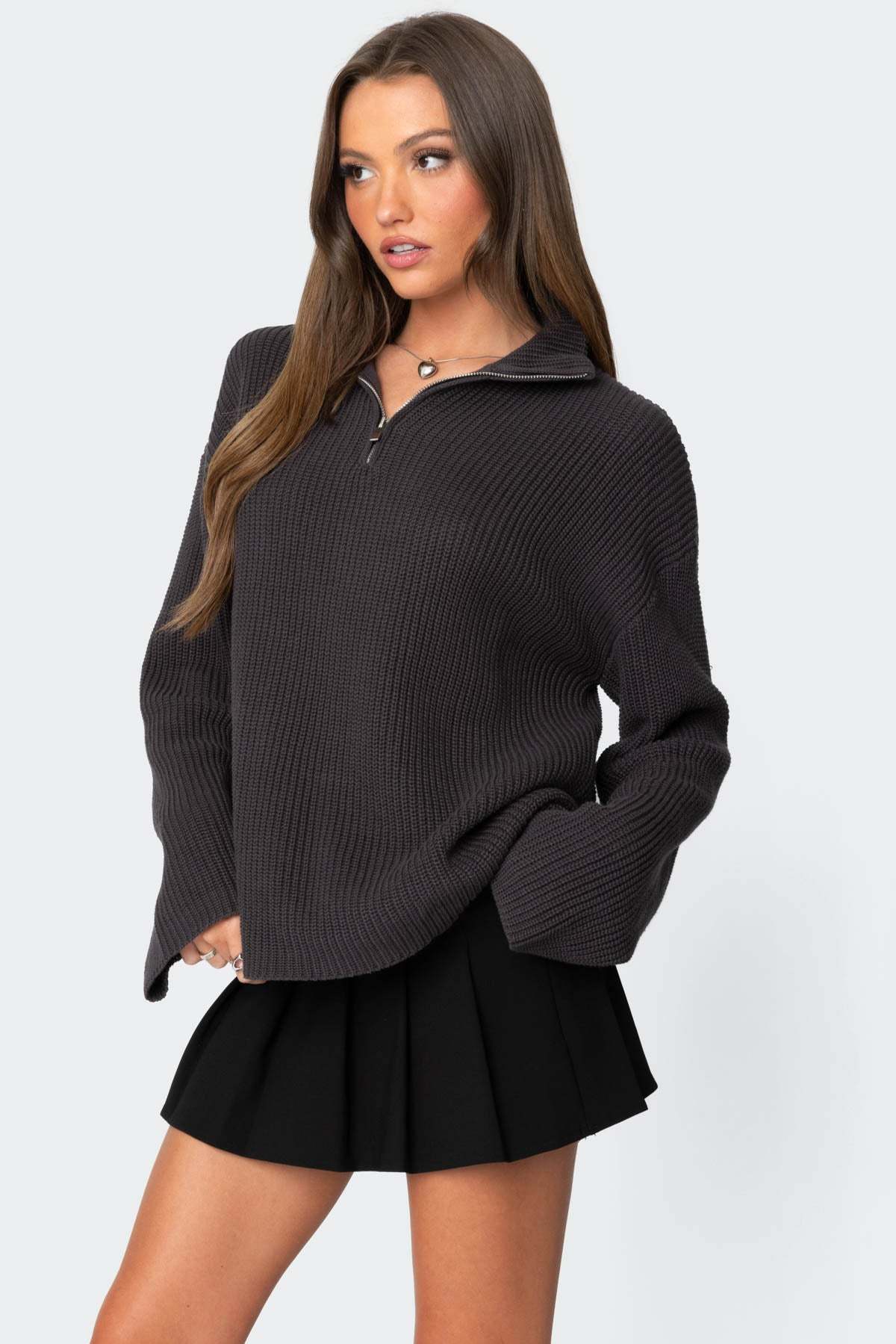 Amour High Neck Oversized Zip Sweater - DARK GRAY