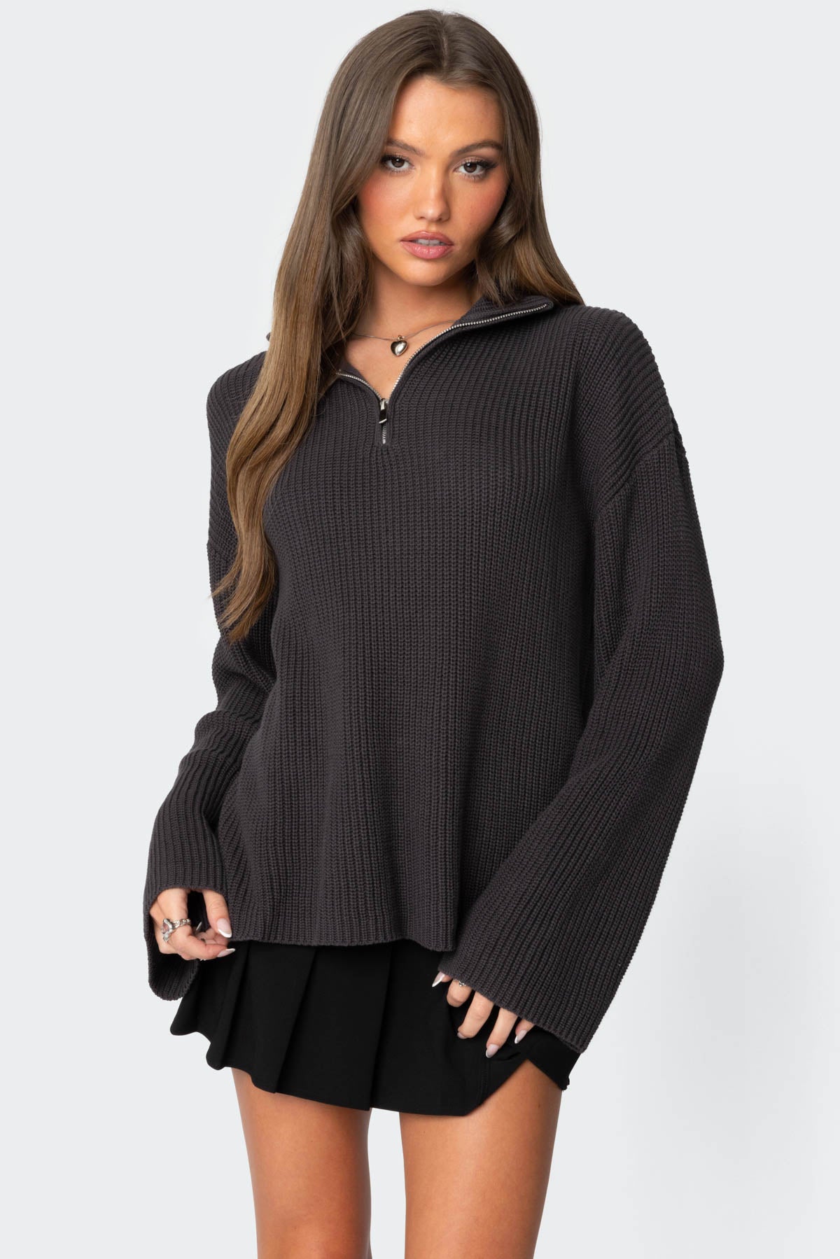 Amour High Neck Oversized Zip Sweater - DARK GRAY