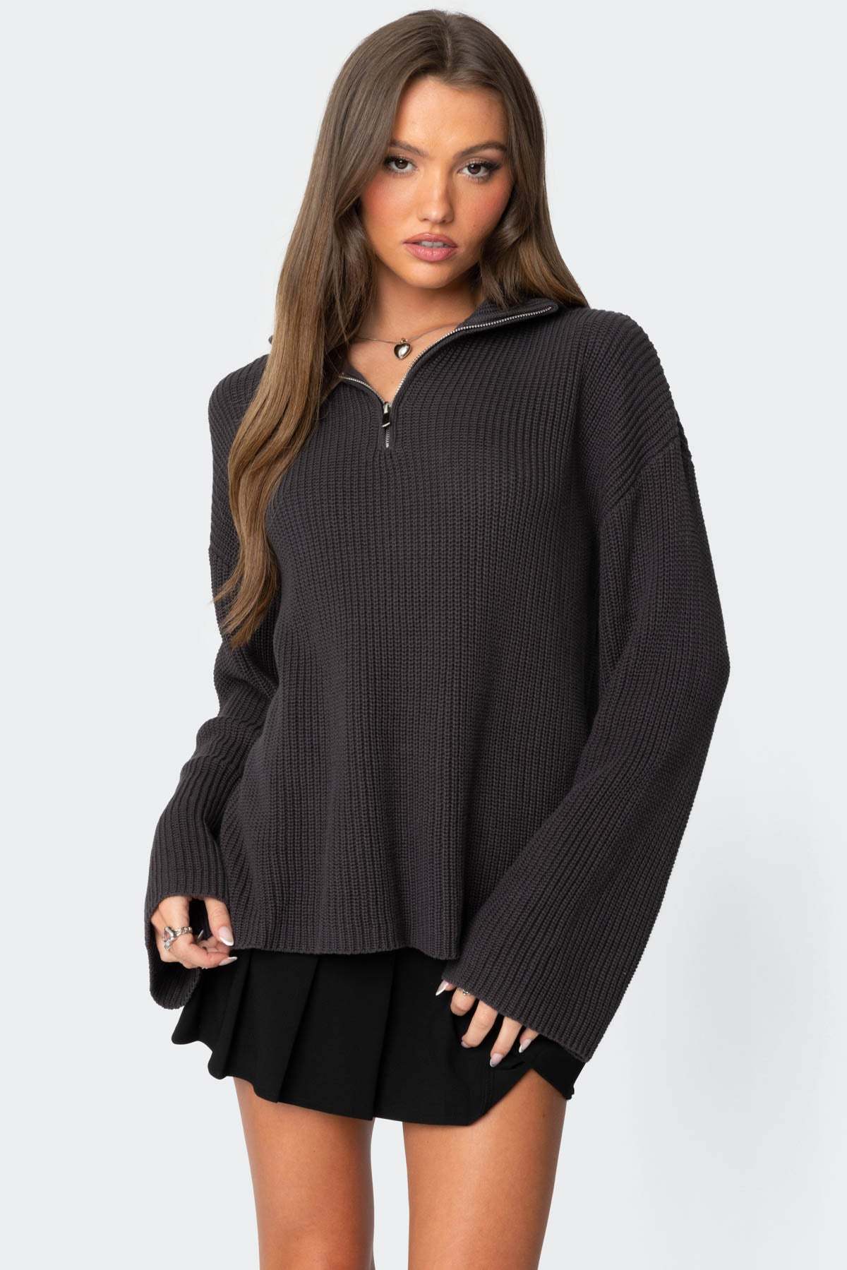 Amour High Neck Oversized Zip Sweater - DARK GRAY