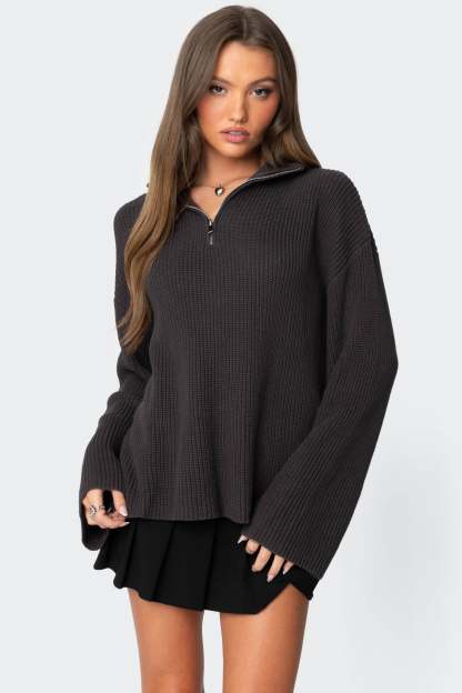Amour High Neck Oversized Zip Sweater - DARK GRAY
