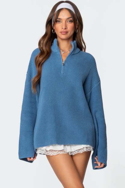 Amour High Neck Oversized Zip Sweater - BLUE