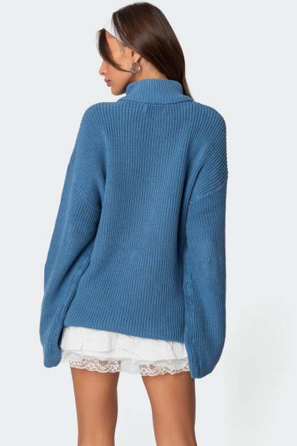 Amour High Neck Oversized Zip Sweater - BLUE