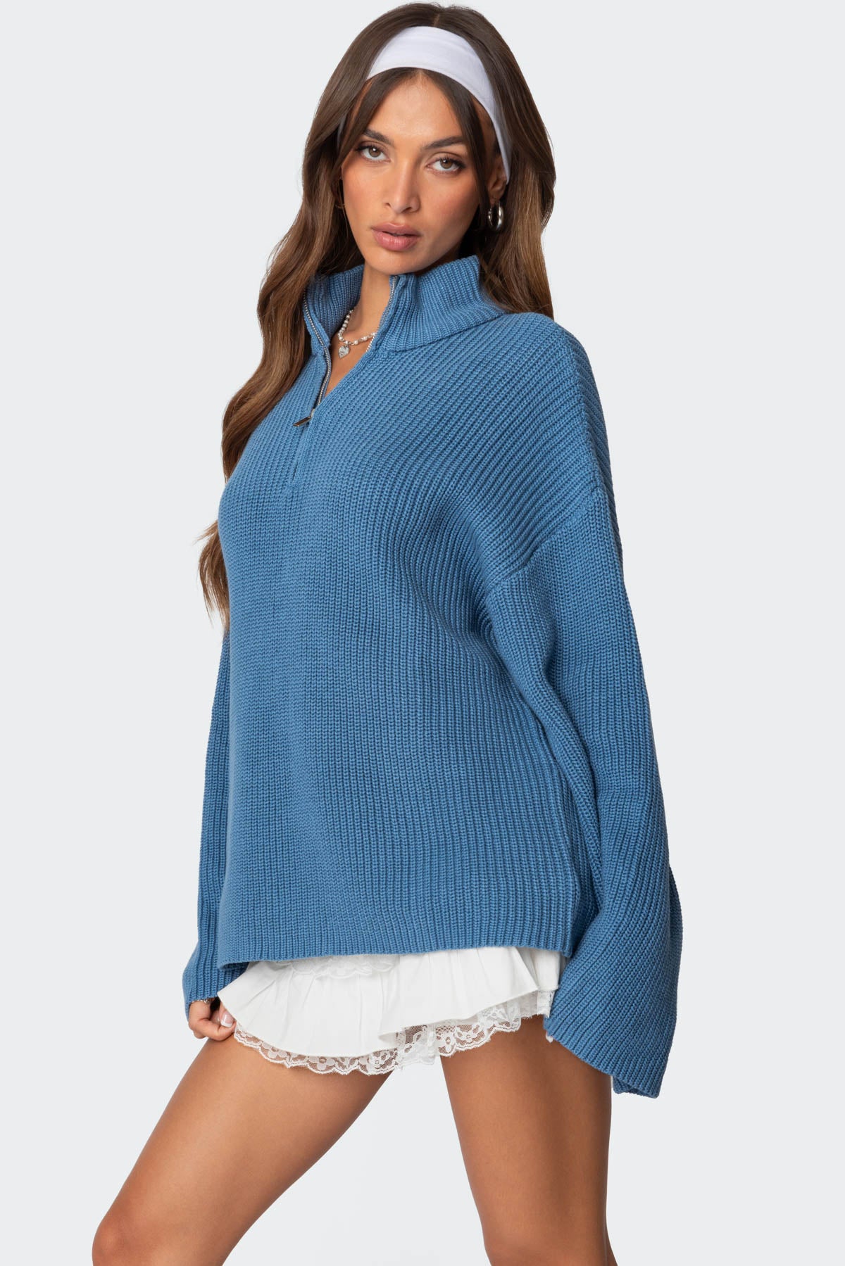 Amour High Neck Oversized Zip Sweater - BLUE
