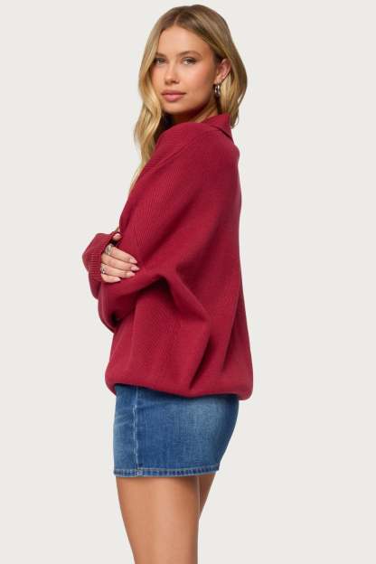 Lorie Oversized Knit Polo Sweater - RED