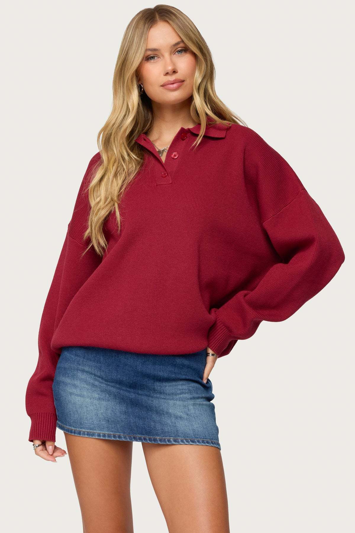 Lorie Oversized Knit Polo Sweater - RED
