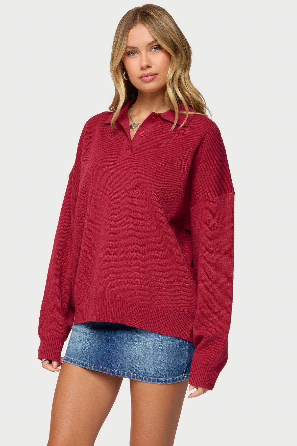 Lorie Oversized Knit Polo Sweater - RED