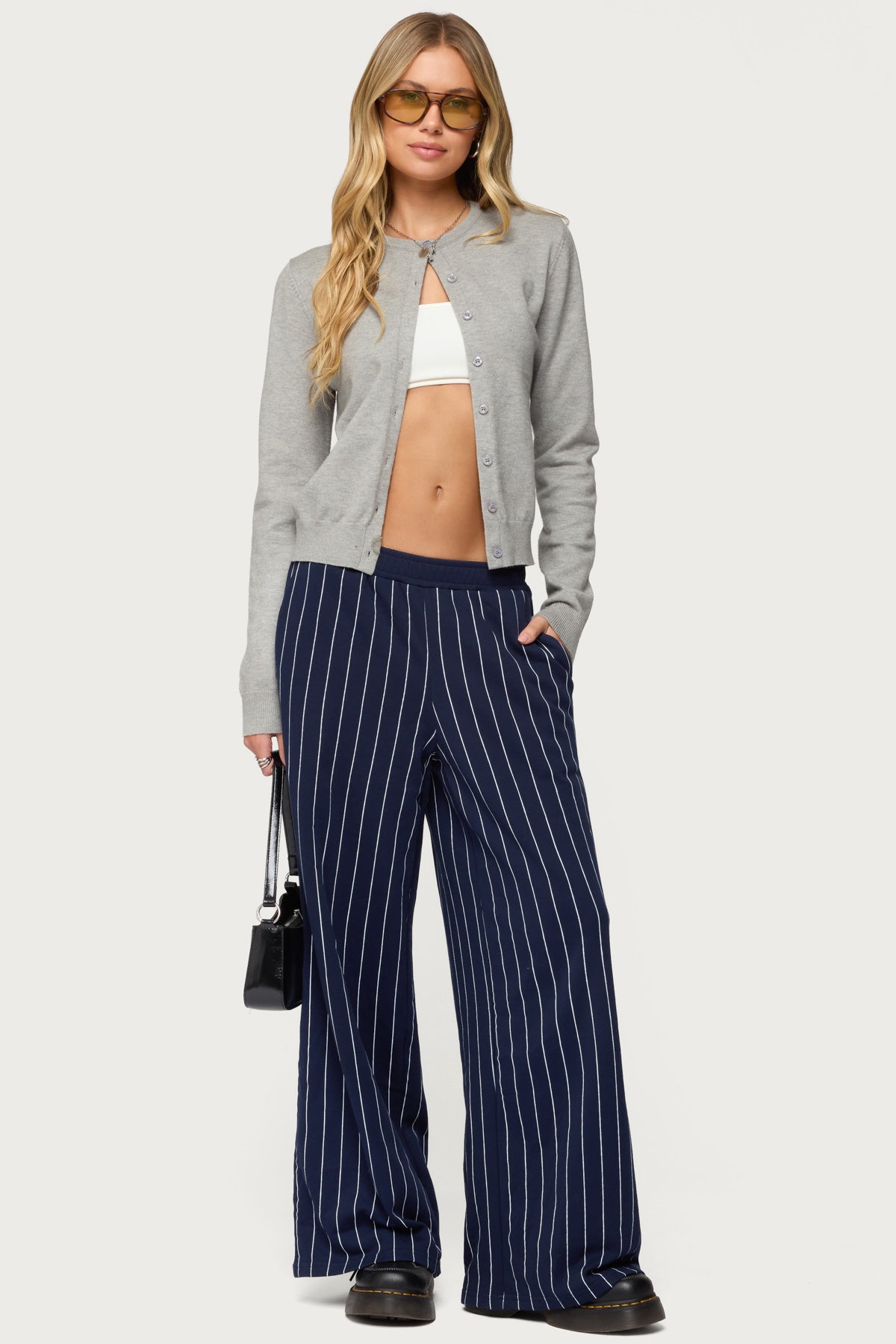 Mercer Pinstripe Wide Leg Sweatpants - NAVY