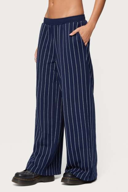 Mercer Pinstripe Wide Leg Sweatpants - NAVY