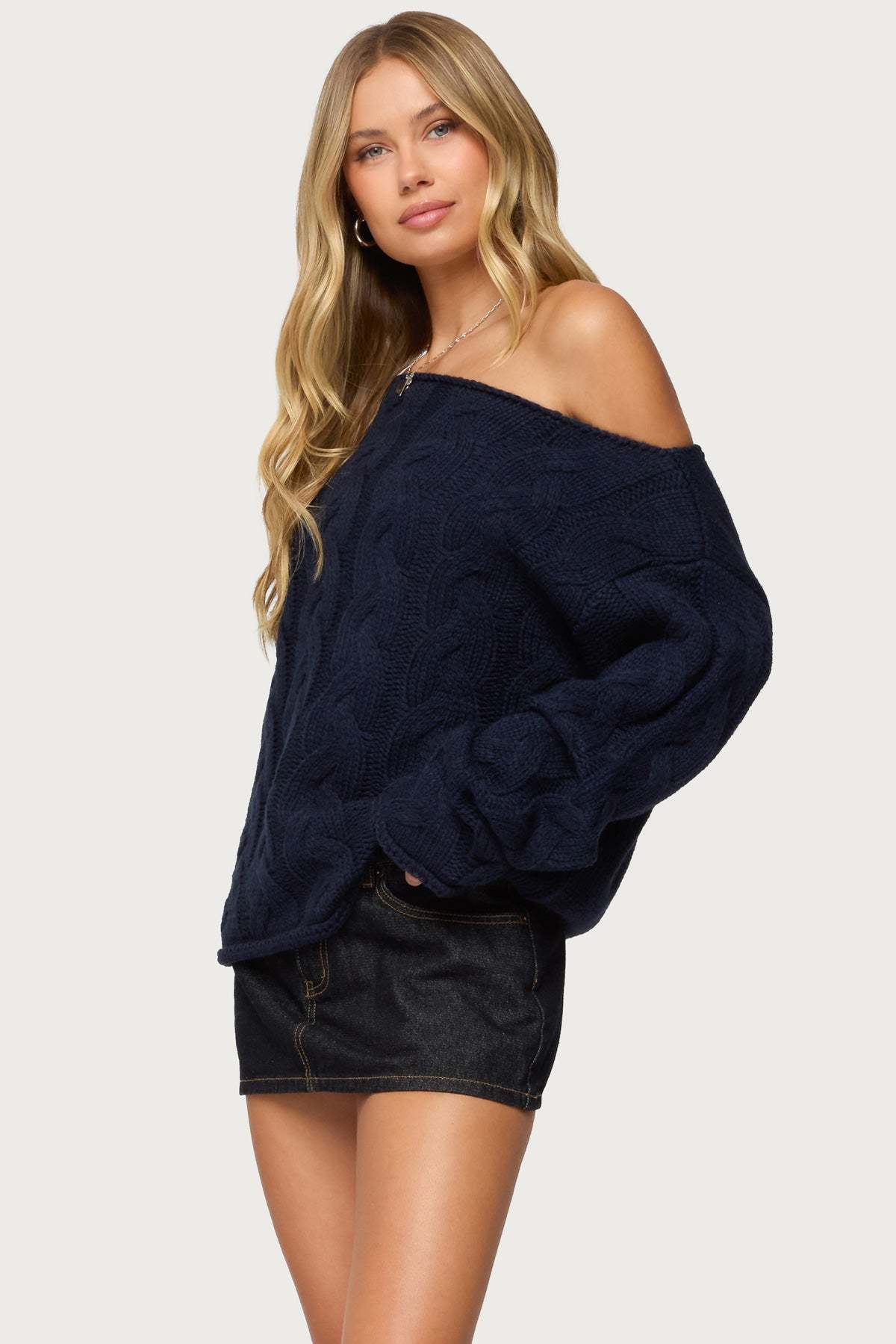 Nellie Off Shoulder Cable Knit Sweater - NAVY