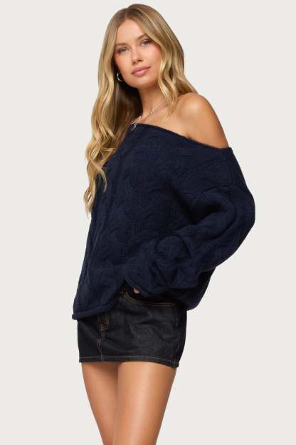 Nellie Off Shoulder Cable Knit Sweater - NAVY
