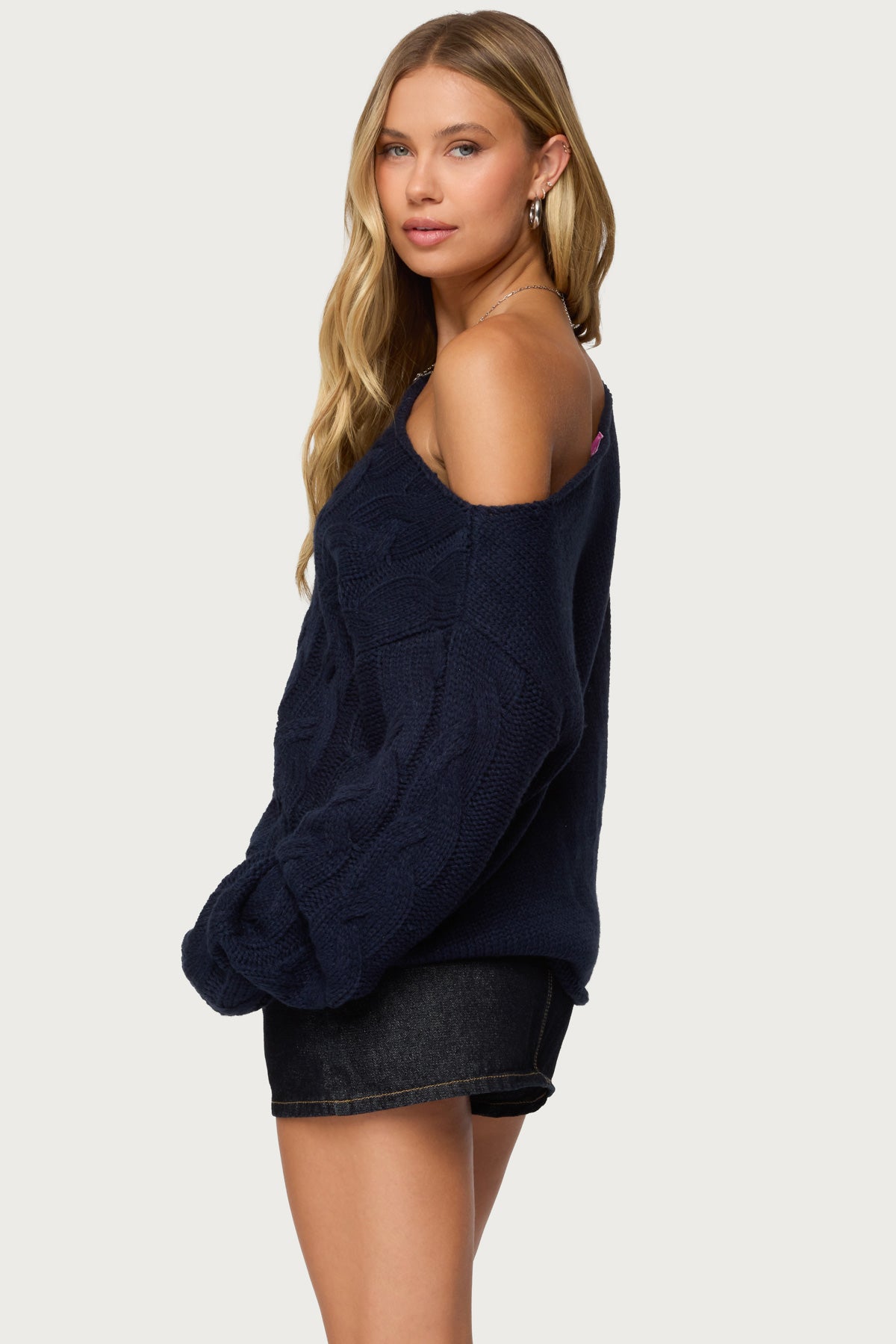 Nellie Off Shoulder Cable Knit Sweater - NAVY