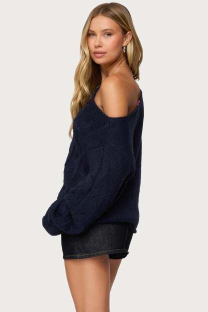 Nellie Off Shoulder Cable Knit Sweater - NAVY