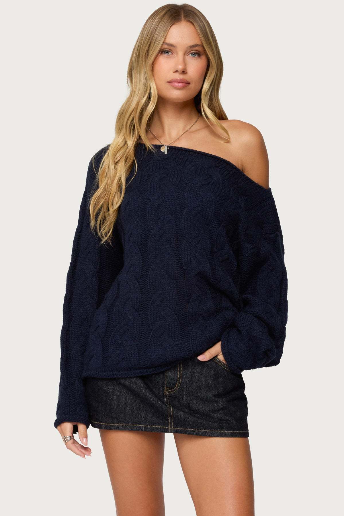 Nellie Off Shoulder Cable Knit Sweater - NAVY