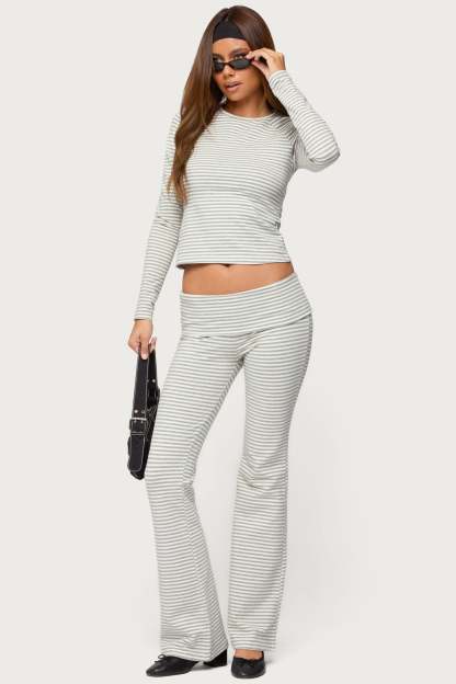 Kaeli Stripey Flared Leggings - GRAY-AND-WHITE