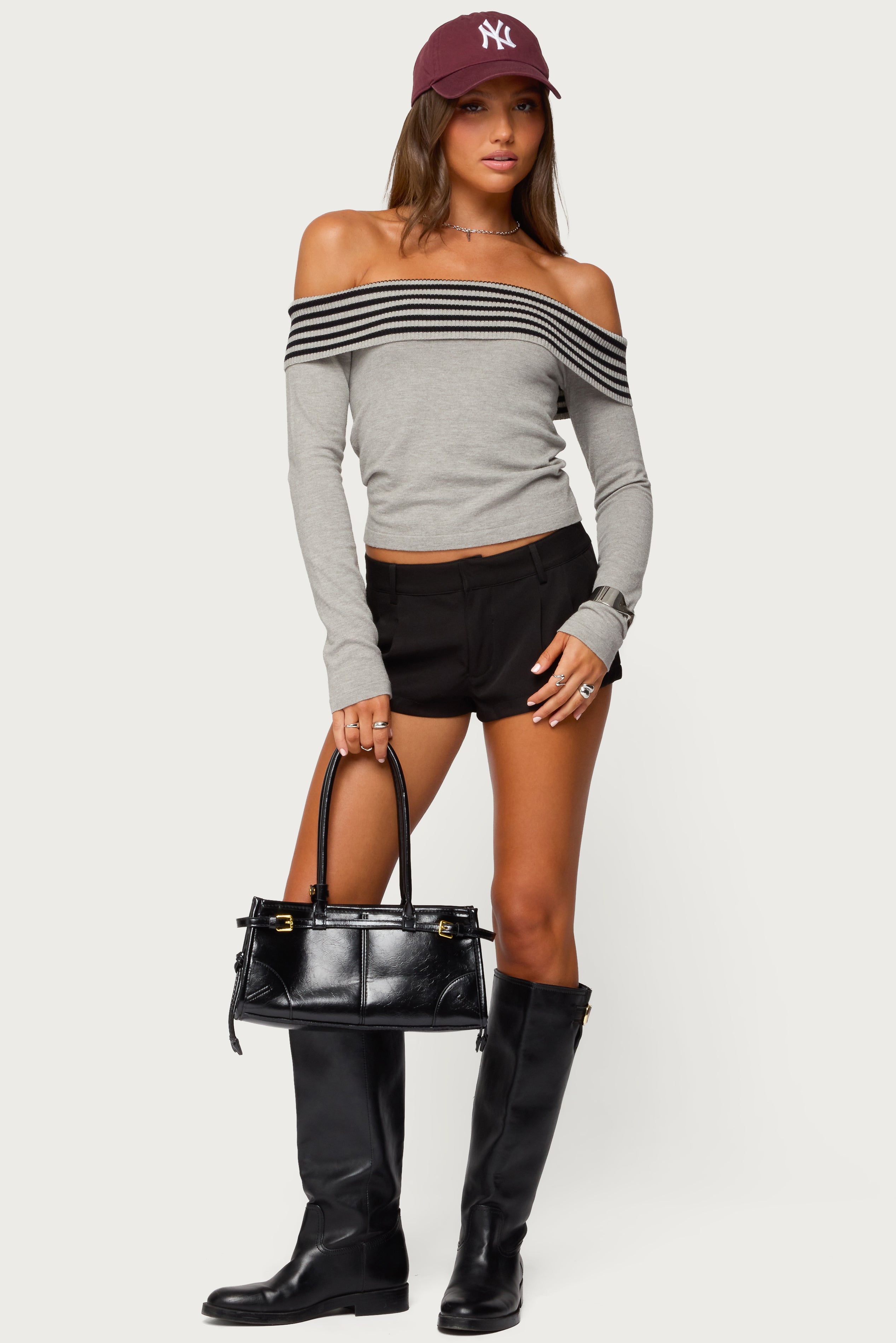 Leetal Stripey Foldover Knit Top - GRAY-MELANGE