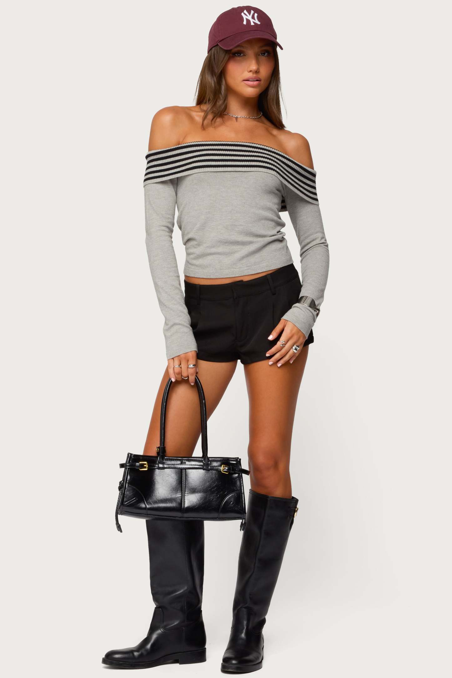 Leetal Stripey Foldover Knit Top - GRAY-MELANGE