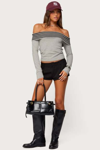 Leetal Stripey Foldover Knit Top - GRAY-MELANGE