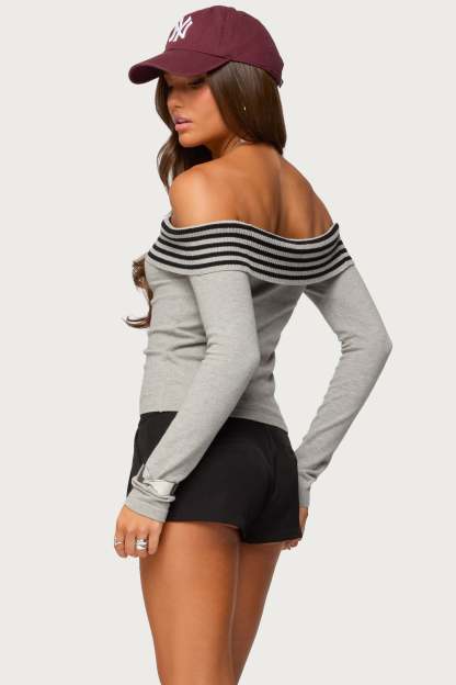 Leetal Stripey Foldover Knit Top - GRAY-MELANGE