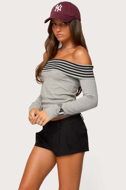 Leetal Stripey Foldover Knit Top - GRAY-MELANGE
