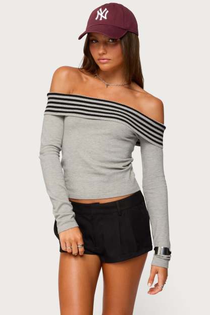 Leetal Stripey Foldover Knit Top - GRAY-MELANGE