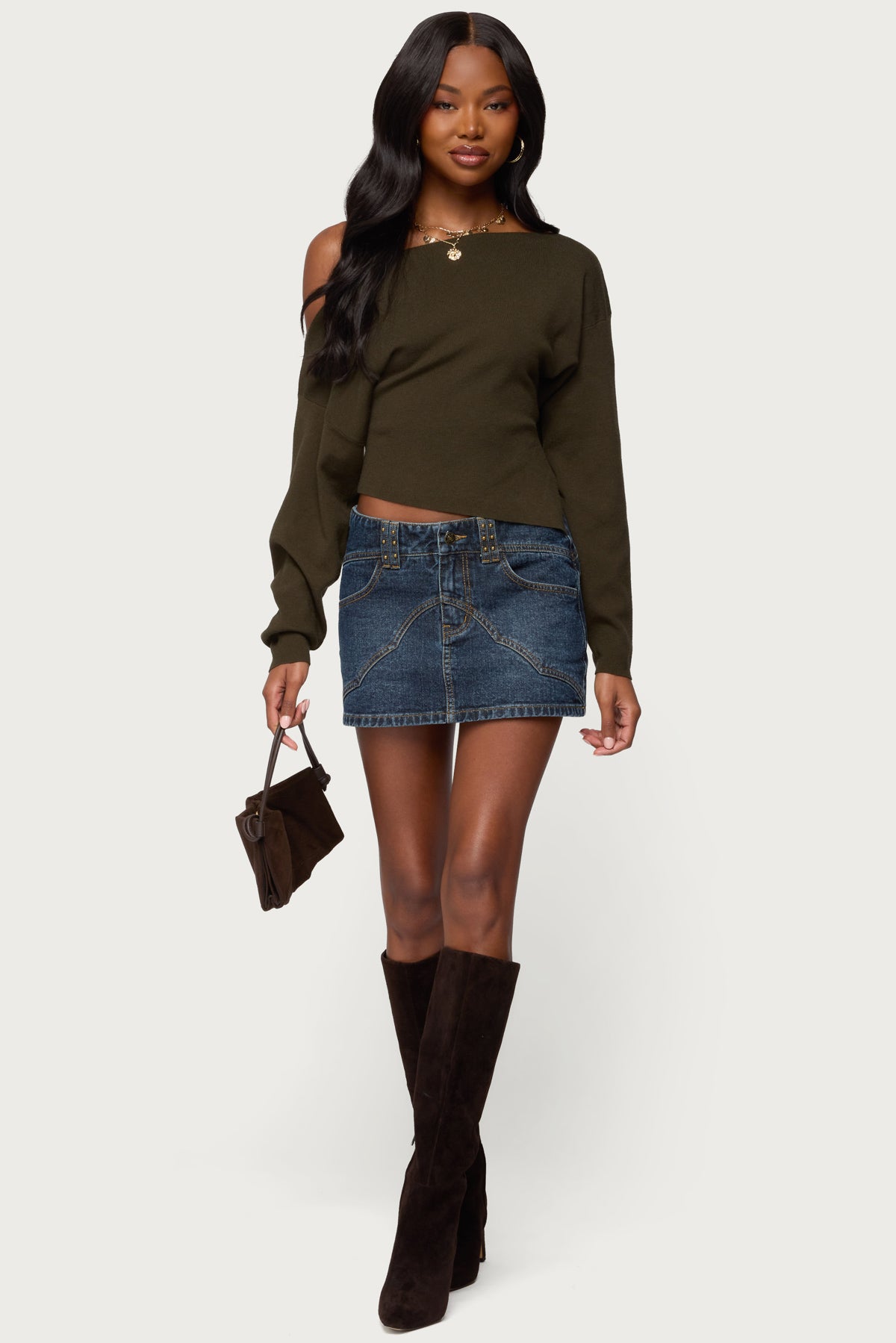 Chenelle Asymmetric Off Shoulder Sweater - OLIVE