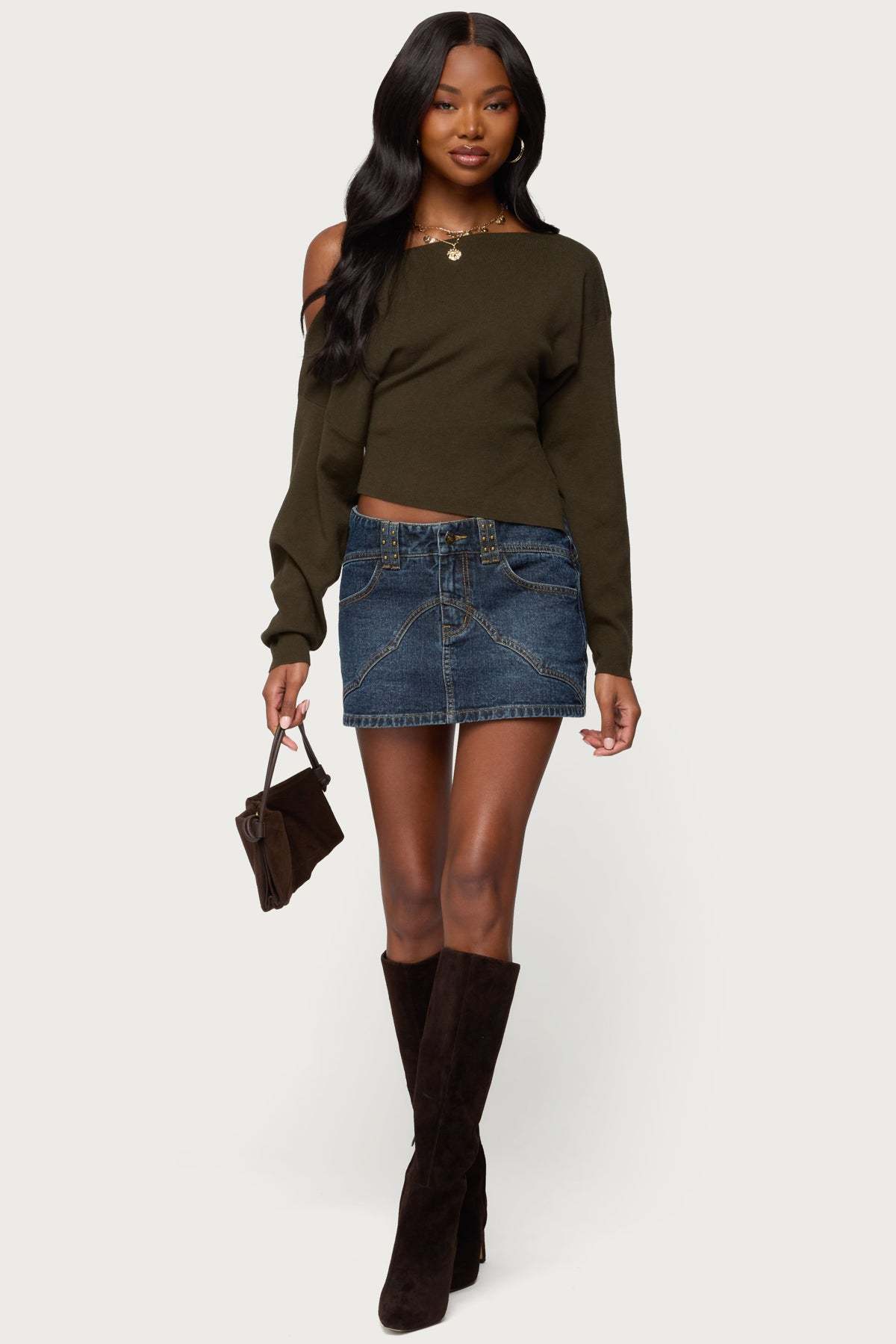 Chenelle Asymmetric Off Shoulder Sweater - OLIVE