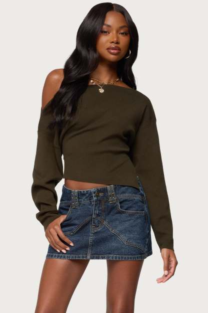 Chenelle Asymmetric Off Shoulder Sweater - OLIVE