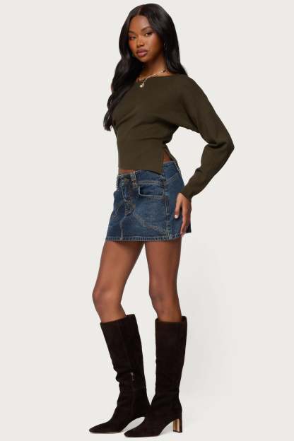 Chenelle Asymmetric Off Shoulder Sweater - OLIVE