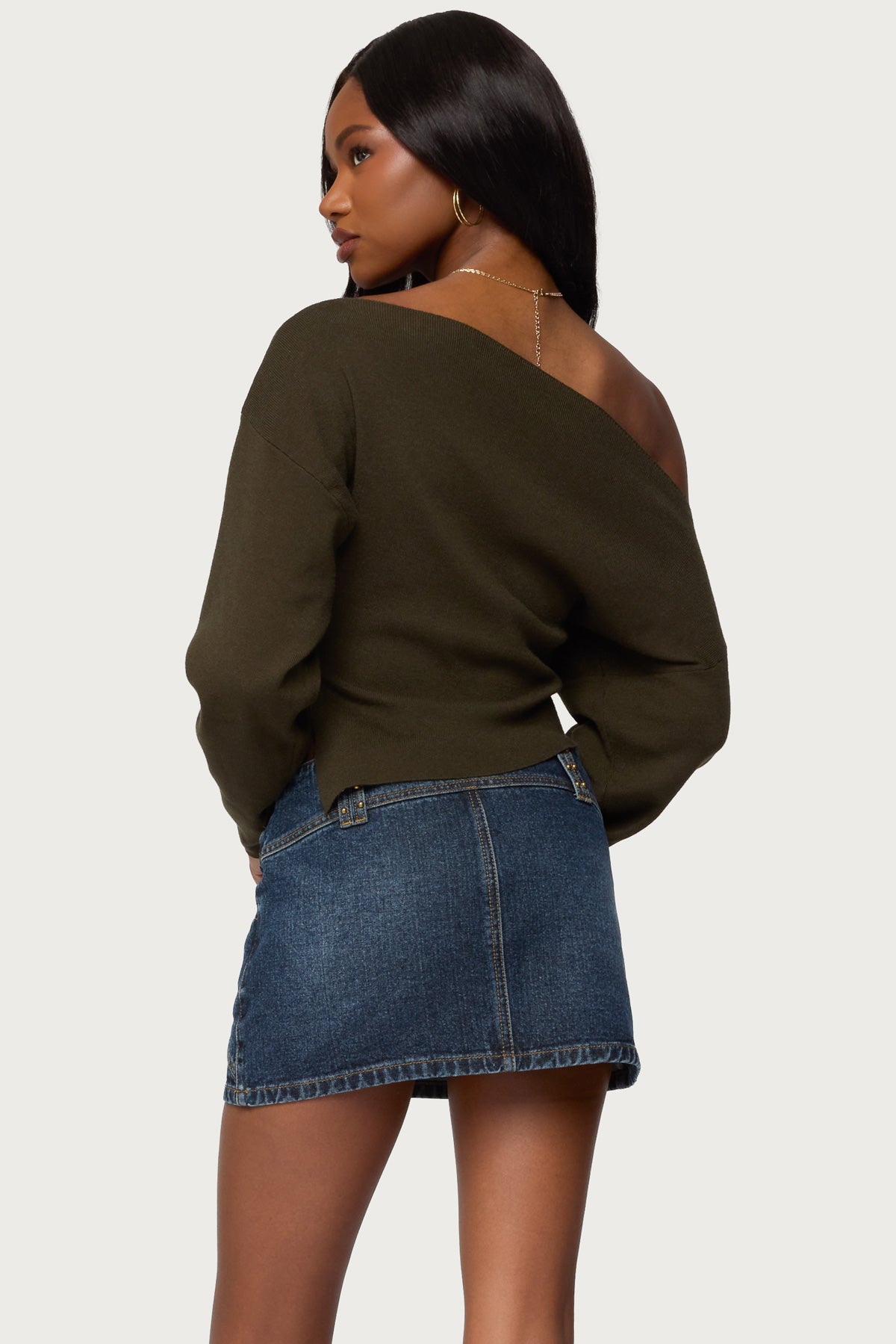 Chenelle Asymmetric Off Shoulder Sweater - OLIVE