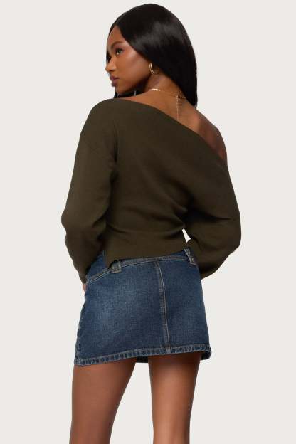 Chenelle Asymmetric Off Shoulder Sweater - OLIVE