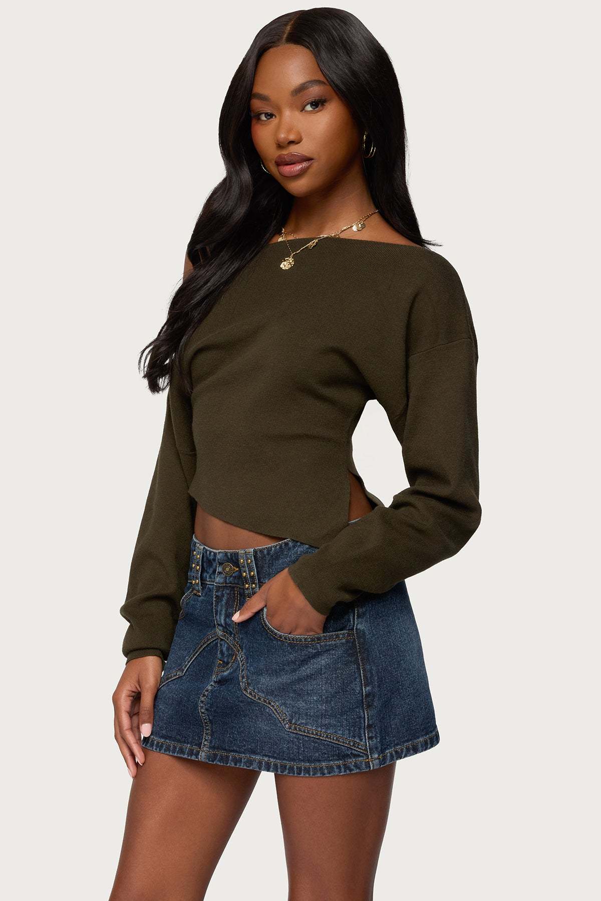 Chenelle Asymmetric Off Shoulder Sweater - OLIVE