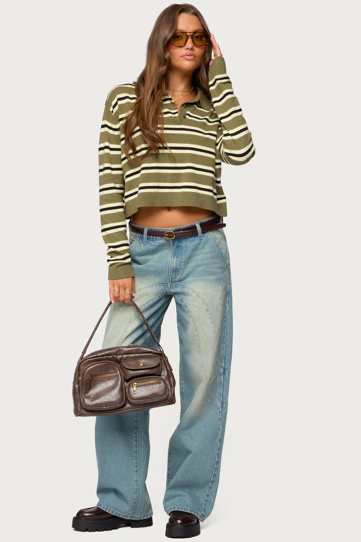 Shelby Striped Polo Sweater - OLIVE
