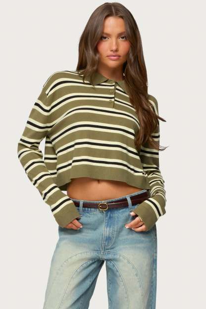 Shelby Striped Polo Sweater - OLIVE